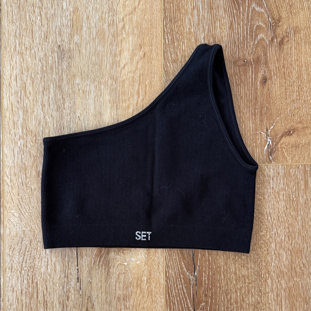 SET Active Black Ribbed One Shoulder Sports Bra